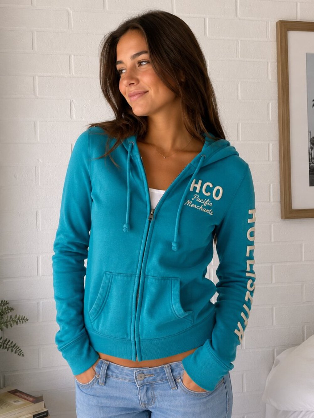 VTG Hollister Turquoise Pacific Merchants Zip Up Hoodie Spellout Sleeve M